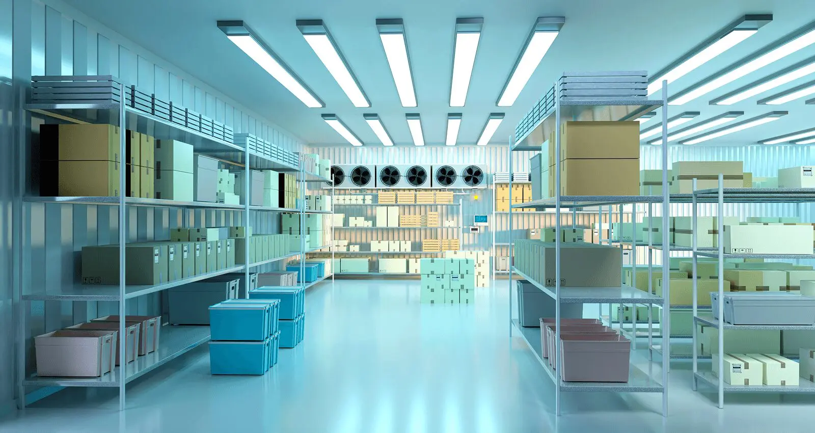 Modern warehouse with organized shelves and boxes.