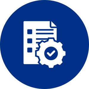 Document checklist icon with gear and checkmark.