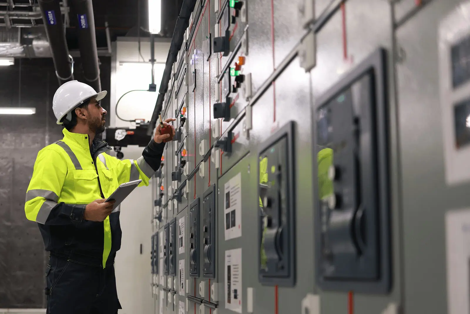 Engineer inspecting control panel in industrial setting.