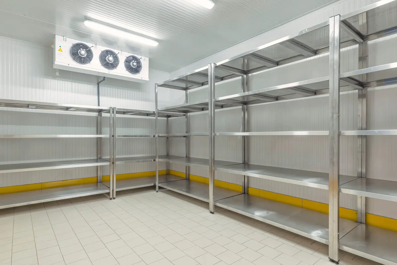 Empty industrial walk-in freezer with metal shelves.