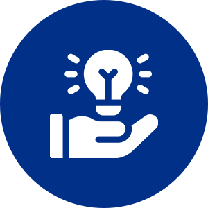 Hand holding lightbulb icon on blue background.